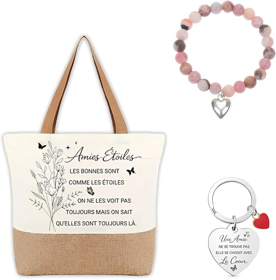 Cadeau Meilleure Amie Femme, Sac Cabas Amie avec Message Touchant, Porte Clés Cœur Gravé et Bracelet Perles Cœur, Idée Cadeau Anniversaire Noël pour Amie Copine