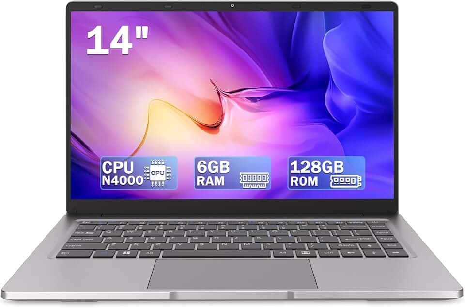 PINSTONE Ordinateur Portable 14″ 2 cœurs (Jusqu’à 2,6 GHz) • 6 Go RAM • 128 Go SSD • WiFi 5G • Mini-HDMI • Design sans Ventilateur PC Portable • Finition Argent, Léger + Souris Incluse