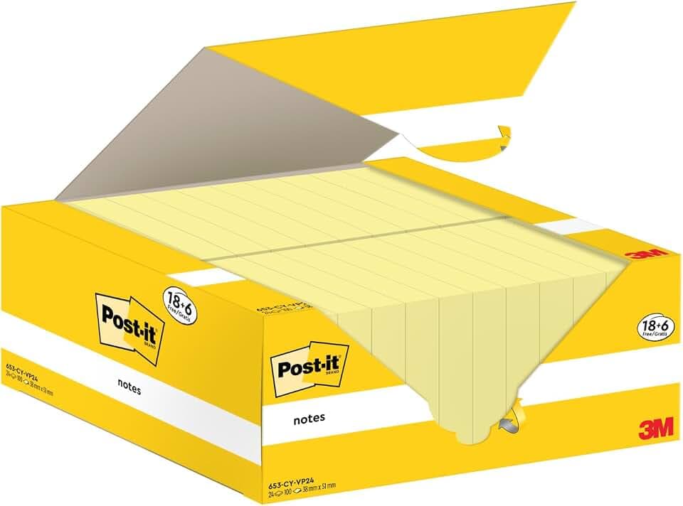 Post-it Notes Autocollantes, Pack Promo de 18 Blocs + 6 GRATUITS, 100 Feuilles par Bloc, 38 mm x 51 mm, Jaune Pastel - Feuillets Adhésifs pour Prise de Notes, Listes de Tâches et Rappels | Notes Autocollantes pour Mémos et Planification ; Se Retirent Proprement, Idéales pour Coder, Organiser, Capturer Les Idées