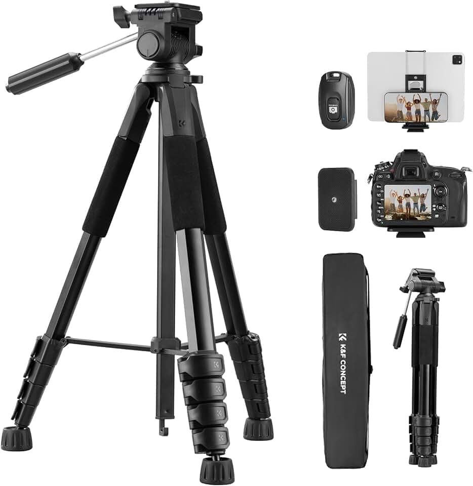 K&F Concept Trépied Appareil Photo 190cm pour Smartphone | Trépied caméra avec clip téléphone, tête panoramique amovible, pour DSLR Nikon Canon Sony - S255A3+BV01 Global Recycled Standard