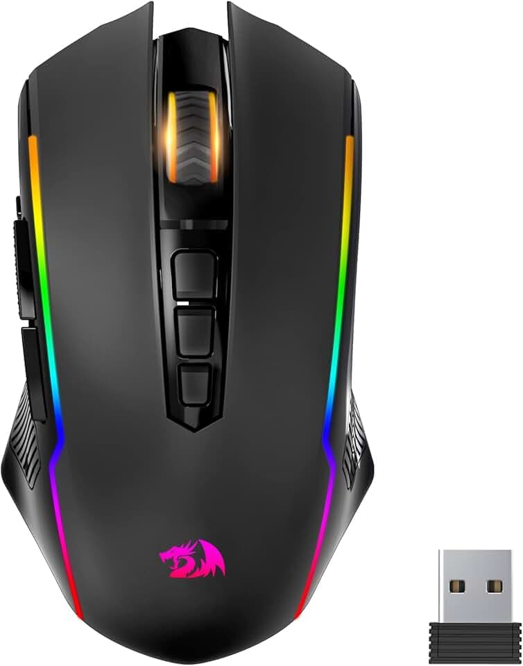 Redragon Souris Gamer sans Fil,Souris sans Fil Rechargeable avec 8000 PPP,Ergonomique,RVB,9 Boutons Programmable avec Bouton de Feu,70 Heures,Souris Gaming de Jeu pour Windows et Mac - Noire