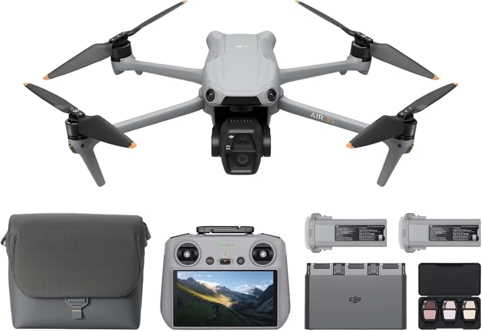 Bundle Fly More DJI Air 3S (radiocommande RC 2 avec écran), drone avec caméras grand-angle CMOS 1'' & télé moyenne pour adultes, 4K/60 ips, détection omnidir. et 3 batteries pour un temps de vol accru