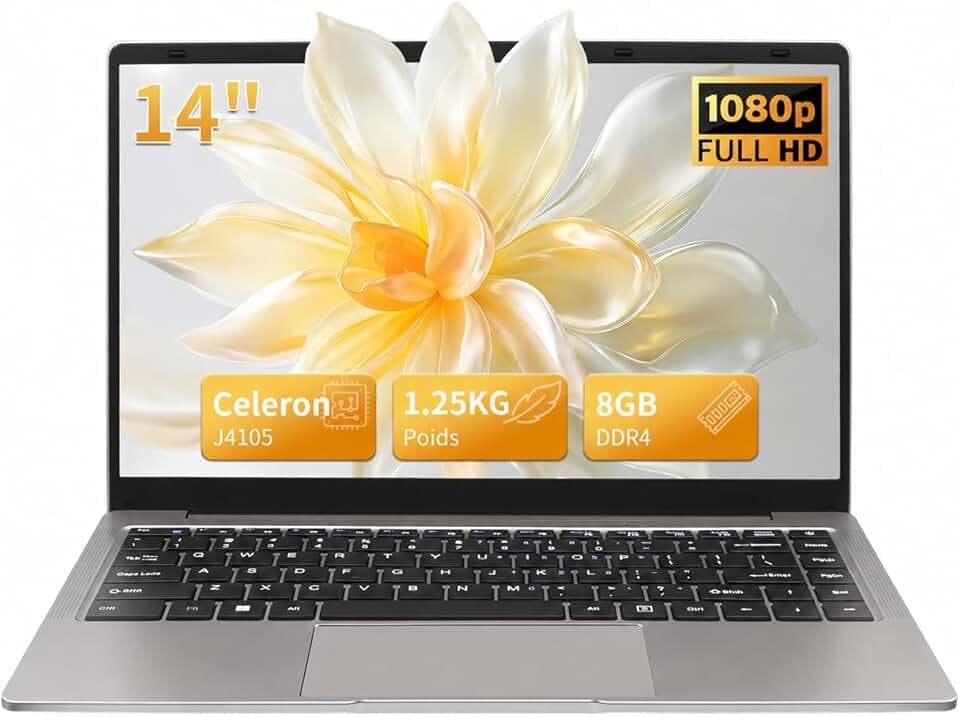Ordinateur Portable 14 Pouces,Celeron J4105 Win11 Pro,8Go DDR4,PC Portable IPS 1920 x 1080,avec Protection de Clavier AZERTY en français,Idéal Étudiant & Bureautique(Gris, 8GB+256G SSD)