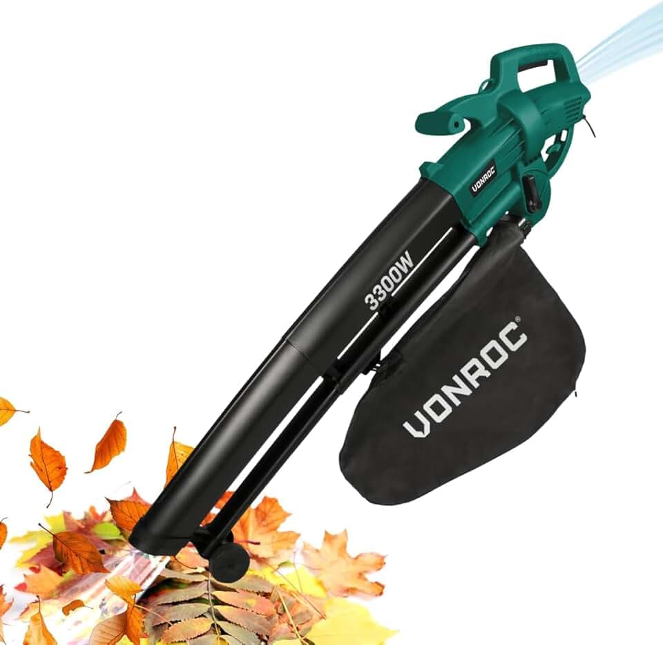VONROC Souffleur de Feuilles 3-en-1 3300W – Souffler, Aspirer et Déchiqueter – Vitesse d’Air de 270km/h – Sac de Collecte de 40L, Bandoulière Inclus - Aspirateur Souffleur Feuilles Puissant