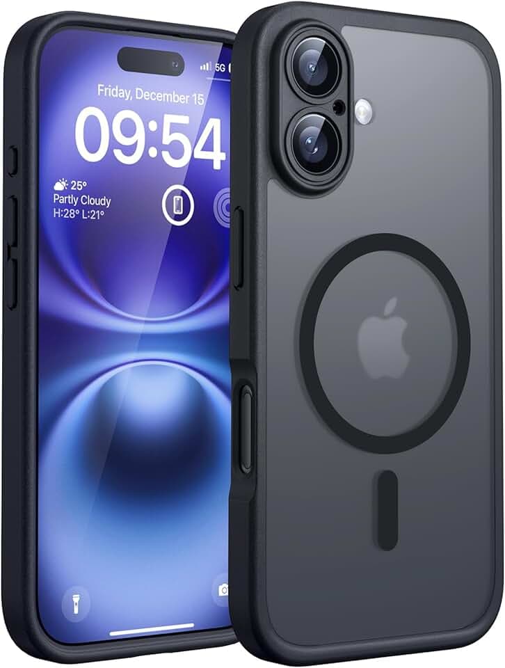 TOCOL Coque pour iPhone 16, Compatible avec MagSafe, Noir | Anneau Magnétique Intégré, Protection de l'objectif Améliorée, Résistant aux Rayures, Case Dos Mat Translucide Fine Antichoc Global Recycled Standard