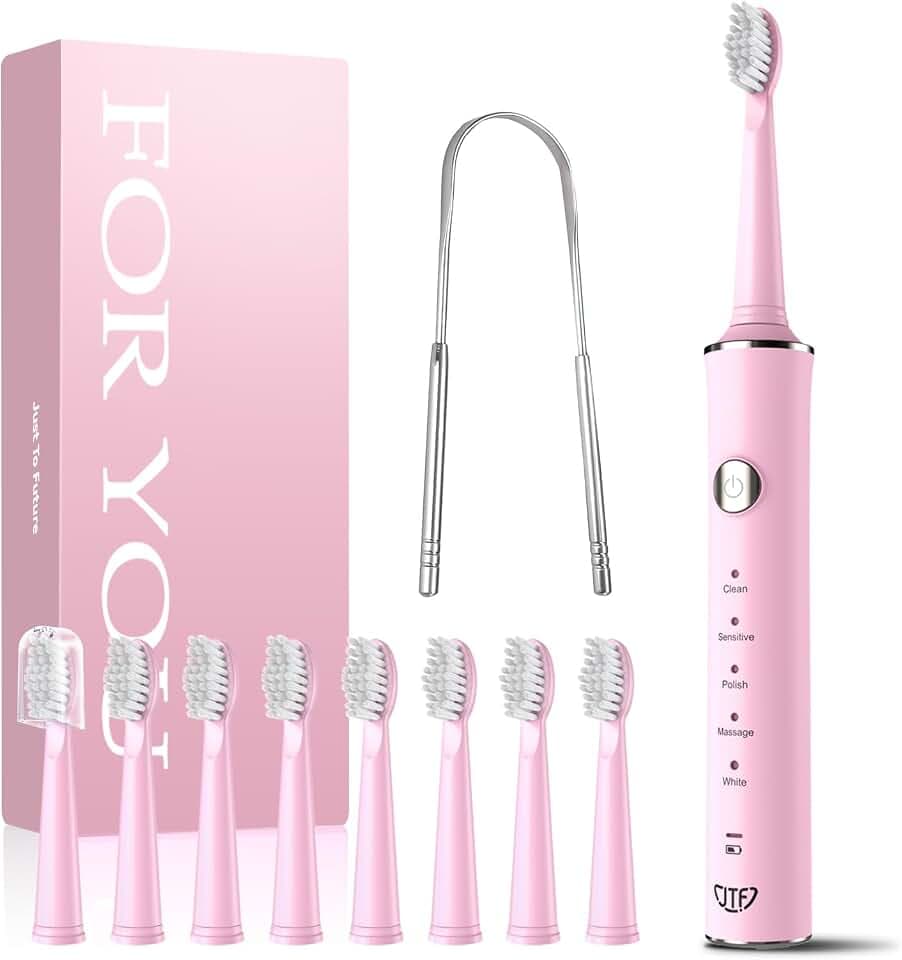 JTF Brosse À Dents Électrique Sonique Pour Adulte – 5 Modes, 45 Jours D’autonomie, 8 Têtes De Brosse, Étanche Ipx7, Minuterie Intelligente, Adaptée Aux Voyages – Brosses À Dents Complet (Rose)