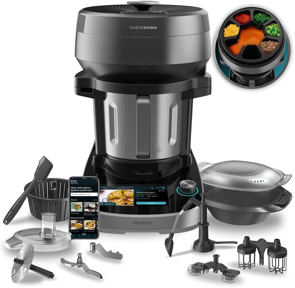 Cecotec Robot de Cuisine Multifonction avec Distributeur d'Aliments Mambo CooKing Unique. 2200 W, 45 Fonctions, Recettes Guidées, Récipient Unique de 5L, Acc: Cuiseur Vapeur ou Palette pour Ragoûts
