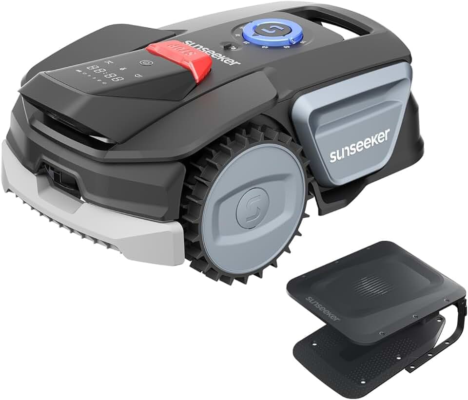 Sunseeker V1 avec Garage, Robot Tondeuse sans Fil Périphérique, 300 m² pour Petits Jardins, Vision AI, Évitement Intelligent des Obstacles, Pentes 27%, Tonte en Un Clic, Contrôle Via Application Certifié ClimatePartner
