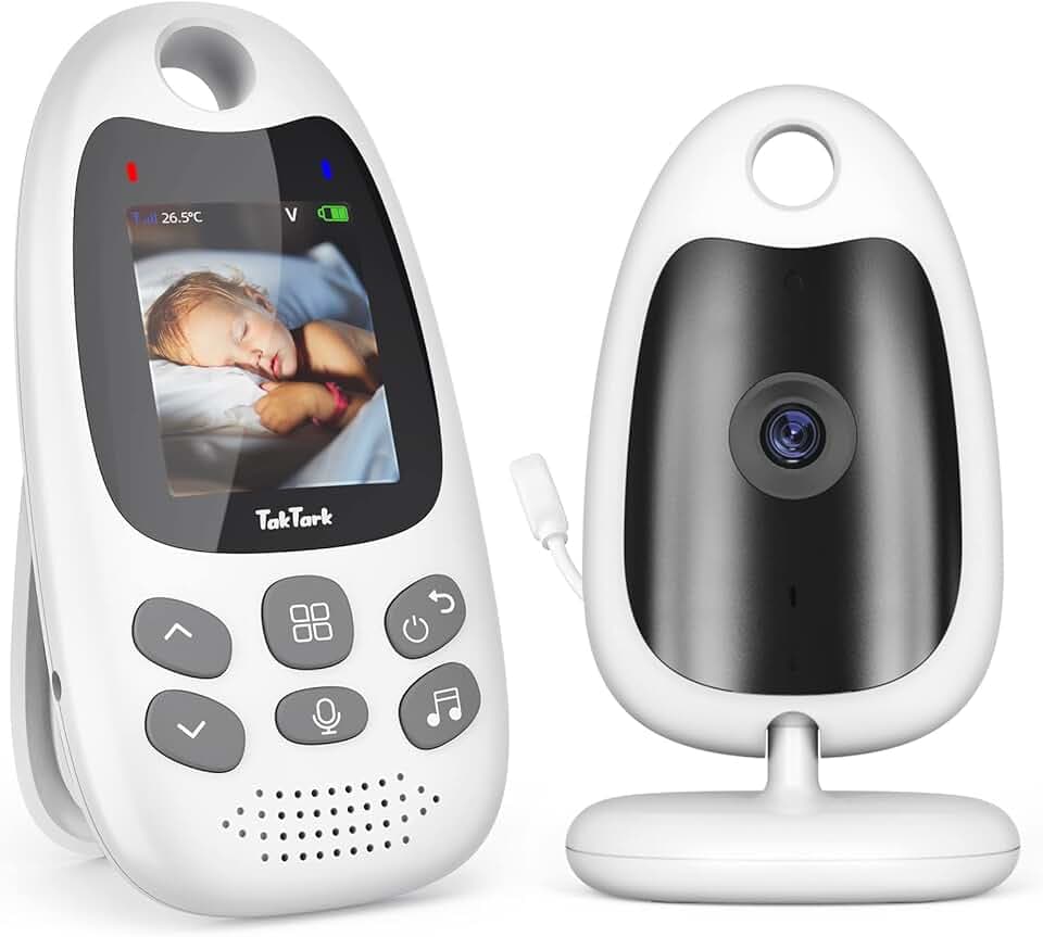 TakTark Babyphone Video, 2.0'' LCD Babyphone Camera 2.4 GHz Camera Bebe Surveillance la Température de Vision Nocturne Communication Bidirectionnelle et Berceuses Visiophone Bébé