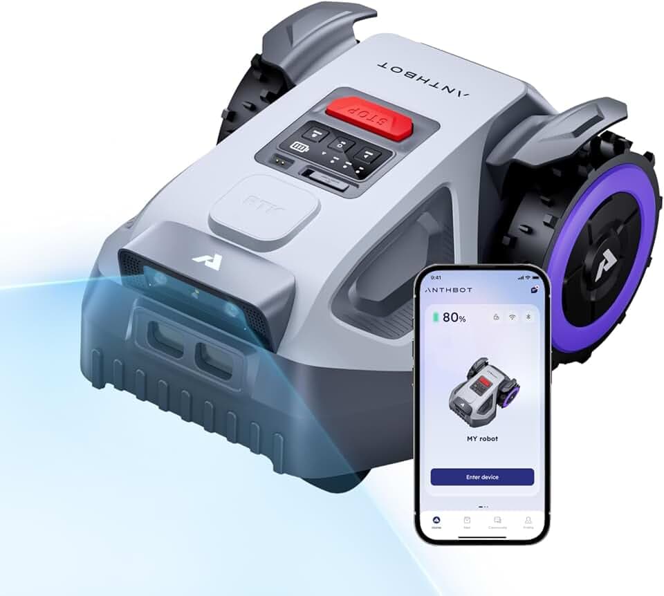 ANTHBOT M9 Robot Tondeuse - 1000 m², NetRTK, 4G, 5000 mAh,150 m²/h, Pente de 24° (45%), Gestion Multi-Zones, Zones Interdites, Détection d'obstacles par IA, Réglage de la Hauteur de 3 à 7 cm Global Recycled Standard