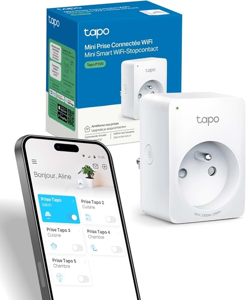 Tapo Prise Connectée WiFi, Prise Intelligente compatible avec Alexa et Google Home, 10A Type E, Contrôler le radiateur, la cafetière, la lampe à distance, aucun hub requis, Tapo P100(FR) 1 Pack | Prise programmable, contrôle à distance de lampe/ventilateur/prise anti moustique, commande vocale Alexa/Google, sans hub