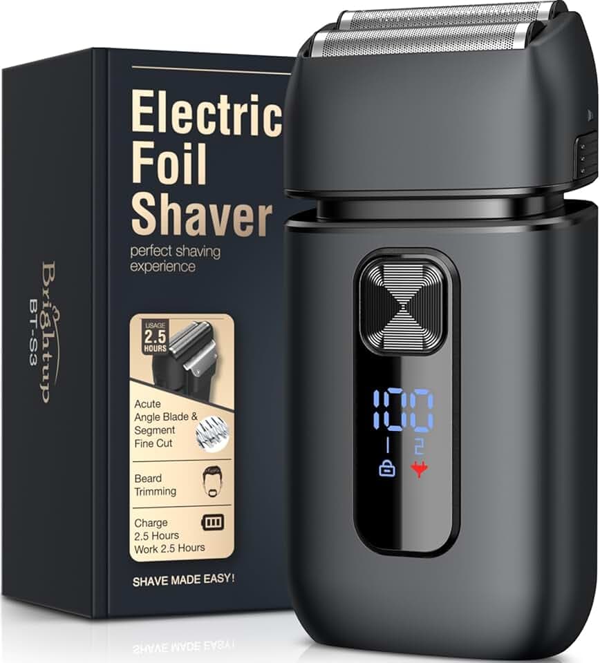 Brightup Rasoir Electrique Homme, Rasoir À Grille avec Tondeuse Rétractable | 150 Min D'autonomie, Etanche et Sans Fil, Charge Rapide USB-C, Lames Flexibles Pour Raser Doucement Visage et Barbe, Noir