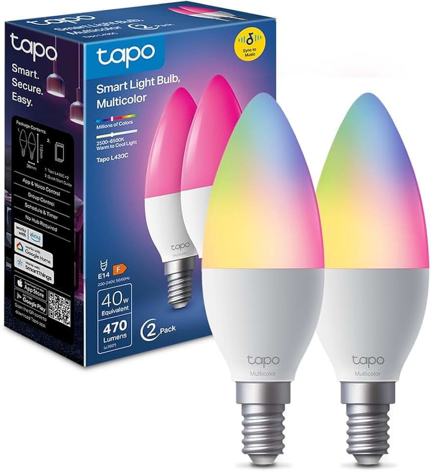 Tapo Ampoule Connectée WiFi, Ampoule LED E14 Multicolore 2500K-6500K, Dimmable 470Lm 4.8W (équivalent 40W), Fonctionne avec Alexa et Google Home, Economie d'énergie, Aucun hub requis, L430C(2-pack)