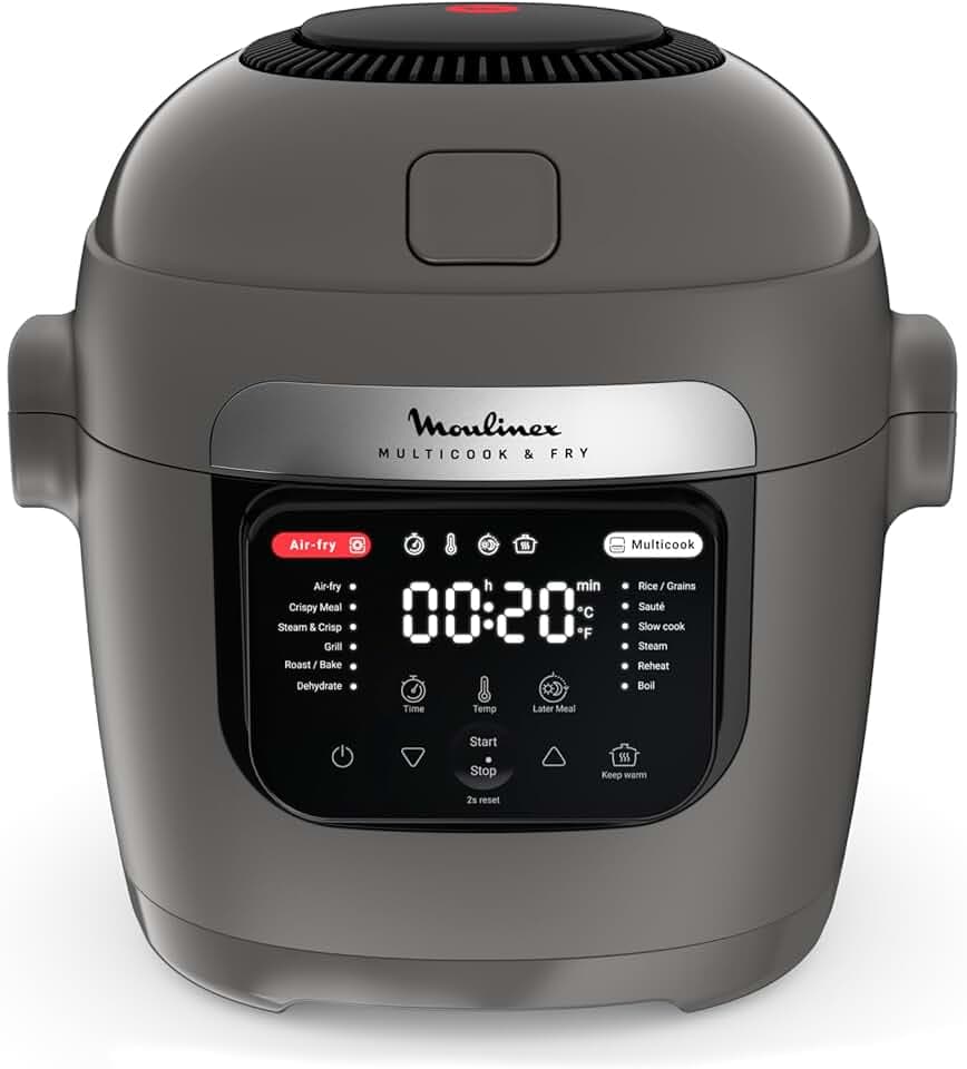 Moulinex Multicook & Fry, multicuiseur et air fryer intégré, 12programmes, Cuisson sur 2 niveaux, Départ différé, Capacité 6L, Gris Hippo, MZ730BF0