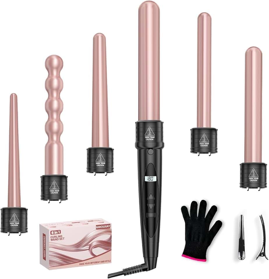 Fer à Boucler 6 en 1 80 à 230 °C avec Embouts Interchangeables 9 à 32 mm | Chauffage Rapide PTC Écran LCD Revêtement en Céramique Cordon Rotatif à 360° Gant Anti Brûlure pour Tous Types de Cheveux