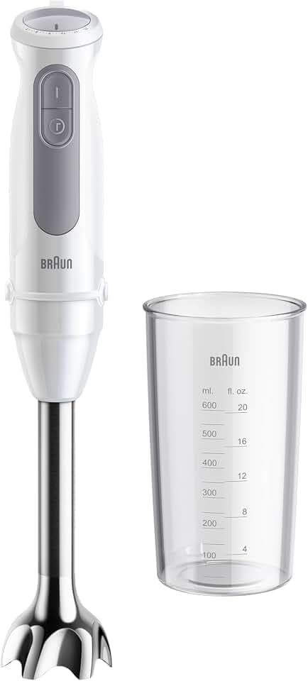 Braun MultiQuick 5 - Mixeur Plongeant 1000W Gobelet Verseur 600ml Blanc | Mixeur Plongeant, PowerBell VPlus, 21 Vitesses + Turbo, Contrôle Vitesse, Pied Inox, Système EasyClick Plus, MQ50001M