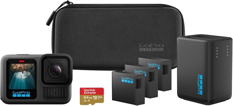 GoPro Pack d'alimentation étendu HERO13 Black : Comprend Un Chargeur Double, 3 Batteries Enduro, Une Carte microSD de 64 Go, Un Support adhésif incurvé et Un étui pour Appareil Photo