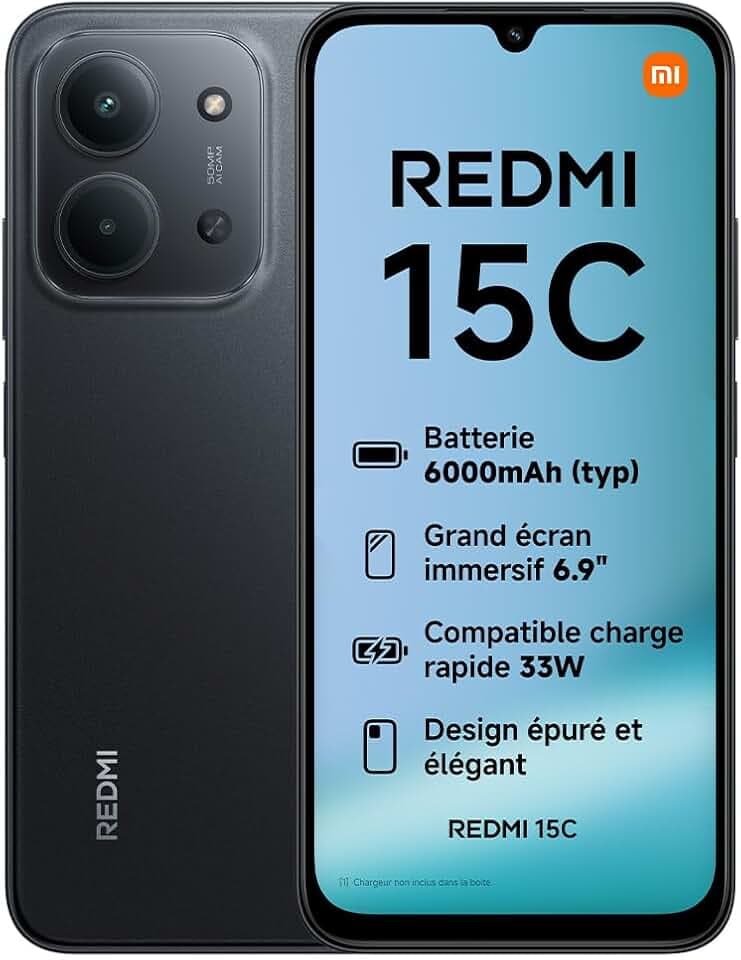XIAOMI Redmi 15C, Smartphone 4+128Go, écran 6,9 Pouces 120Hz, Design 7,99 mm, MediaTek Helio G81-Ultra, Batterie 6000 mAh, Noir, Chargeur Non Inclus (Version Française + 2 Ans de Garantie)