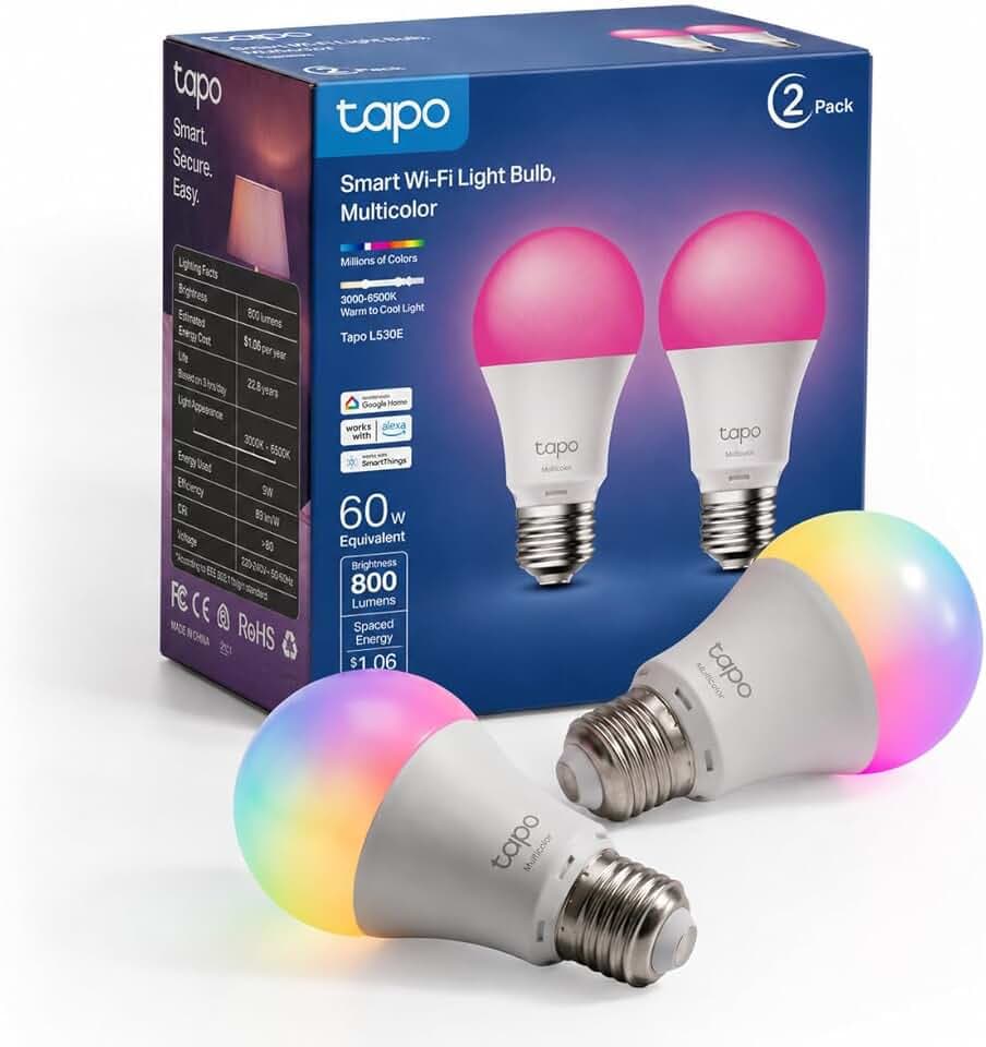 Tapo Ampoule Connectée WiFi, Ampoule LED E27 Multicolore 2500K-6500K, Dimmable 8.7 W 806Lm, Compatible avec Alexa et Google Home, Commande Vocale, Economie d'énergie, L530E(2-pack)