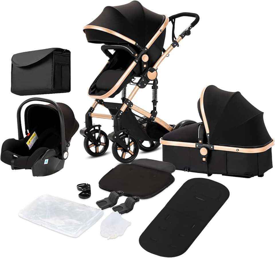 Magic ZC Poussette 3 en 1, Pousette Trio avec Conception Portable Pliable en Un Clic, Poussette Combinée Réversible Bidirectionnelle, Pousette Bebe avec Accessoires (588 Black Gold)