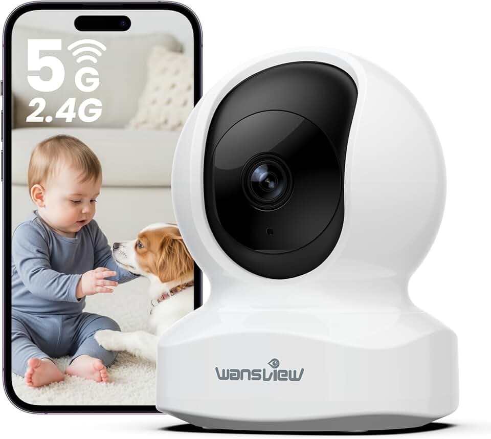 wansview 3K 5MP Camera Interieur - 2.4G/5G Double Bande WiFi Camera Surveillance, Suivi Intelligent 360 degrés, Détection Humaine IA pour Bebe/Chat/Chien connectée Smartphone, Audio Bidirectionnel