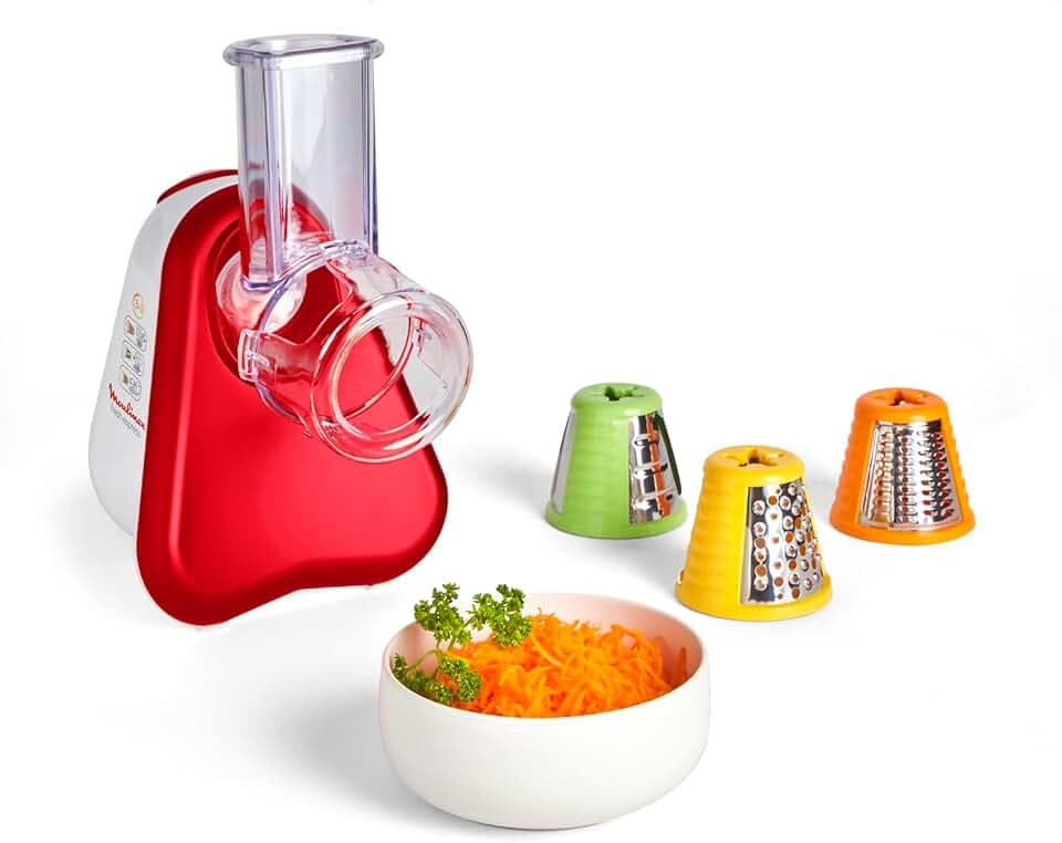 Moulinex Découpe-légumes électrique, Râpe 3-en-1, Système de cônes de couleur facile, Large goulotte, Pièces amovibles compatibles lave-vaisselle, Fresh Express rouge DJ753510