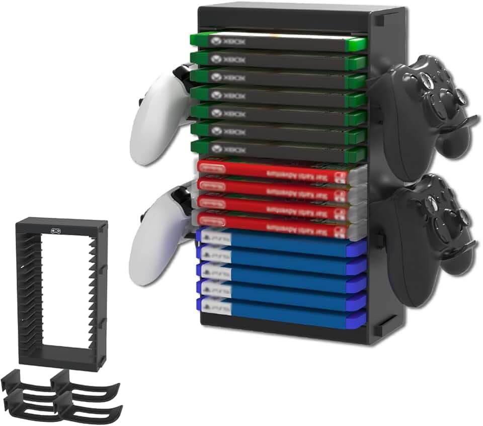 SOONHUA Tour de rangement pour jeux vidéo avec 4 supports pour manettes pour PS4, PS5, Switch, Xbox et disques de jeu