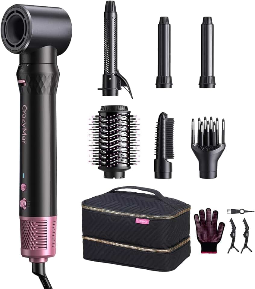 CrazyMar Brosse Soufflante 7 en 1,Seche Cheveux à Brosse Chauffante,Brosse Coiffante Ionique,Brosse à Air Chaud 110 000 tr/min, Boucleur Automatique,Lisseur,pour Volume,Boucler et Lisser (Noir)