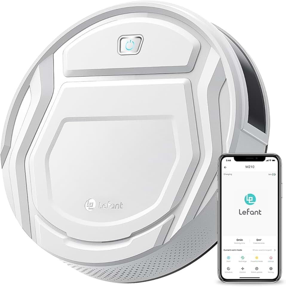 Lefant Aspirateur Robot, Robot Aspirateur Autonomie Mince Silencieux, Connecté avec WiFi/Alexa/App, 3 Modes d'aspirations, Programmable, Idéal pour Les Poils d'animaux Tapis Sols Durs, M210 Blanc