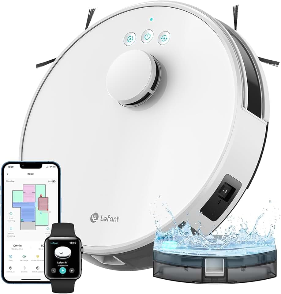 Lefant M1 Robot Aspirateur Laveur 3 en 1 5500Pa, Navigation LiDAR avec Cartographie Multi-étage, Zones Virtuelles, Commande Alexa/APP/WiFi, Idéal pour Poils d’Animaux, Tapis et Sols Durs, Blanc