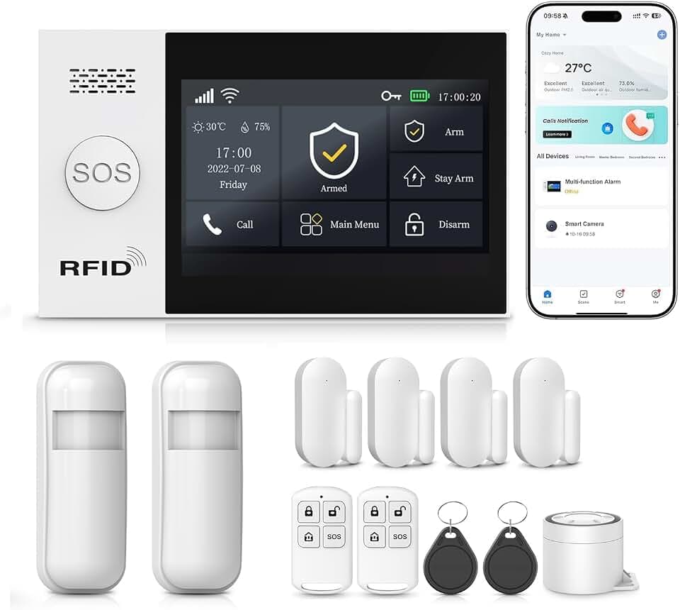 LWOHSI Alarme Maison sans Fil,4G/WiFi Kit Alarme avec écran Tactile 4,3 Pouces,Capteurs De Porte et De Mouvement,120 DB Sirène,Alertes D'application,sans Abonnement Mensuel