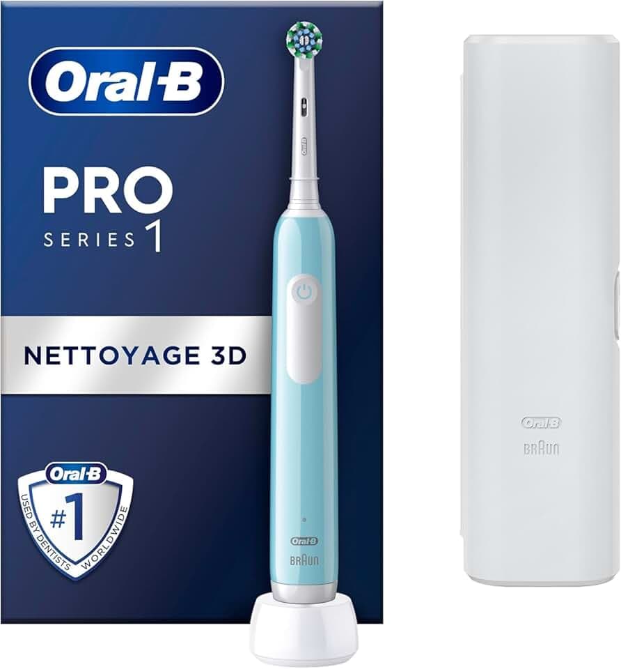 Oral-B Brosse à Dents Electriques Pro 1, avec Brossette de Rechange, Bleue – 3 Modes de Nettoyage dont Douceur, Brossage avec des Oscillo-Rotations et Pulsations, Chargeur, Etui de Voyage