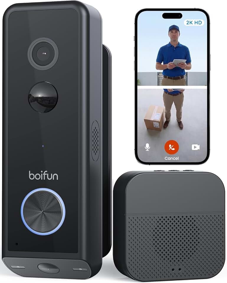 BOIFUN 2026 2K Double Caméra Sonnette sans Fil Extérieure Étanche, Noir | Vision Nocturne en Couleur, Installation Facile avec Support, Détection Humaine par IA, Compatible Carte SD, Wi-Fi 2,4 GHz