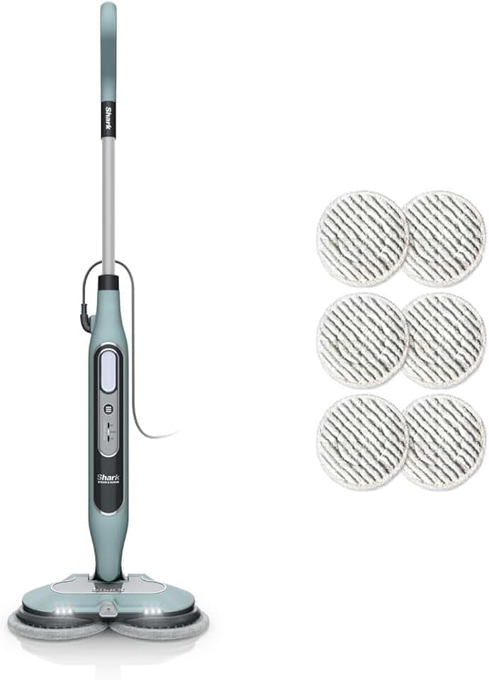 Shark Steam Mop Balai automatique à vapeur et à récurer, 3 réglages vapeur, assainit, élimine taches et saleté, 2 tampons rotatifs, utilisation sur tous les sols durs scellés, blanc et gris, S8201EUCP