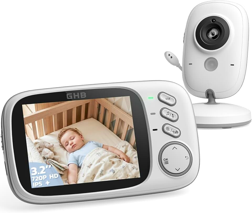 GHB Babyphone Caméra 3.2 inches Bébé Moniteur Babyphone Vidéo LCD Couleur Bébé Surveillance 2.4 GHz Communication Bidirectionnelle Vision Nocturne