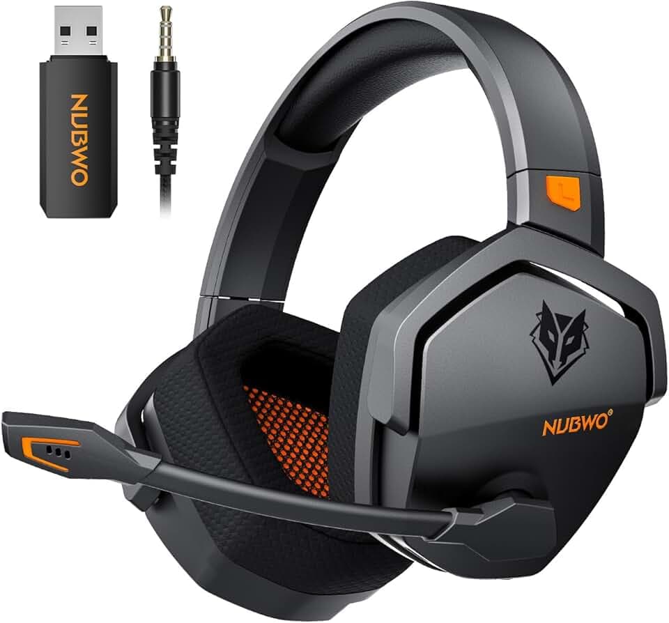 NUBWO G06 Double Casque Gaming sans Fil avec Microphone pour PS5, PS4, PC, NS, Mobile: 2,4 GHz Wireless + 5,3 Bluetooth - Batterie de 100 Heures - Pilotes de 50mm - Orange