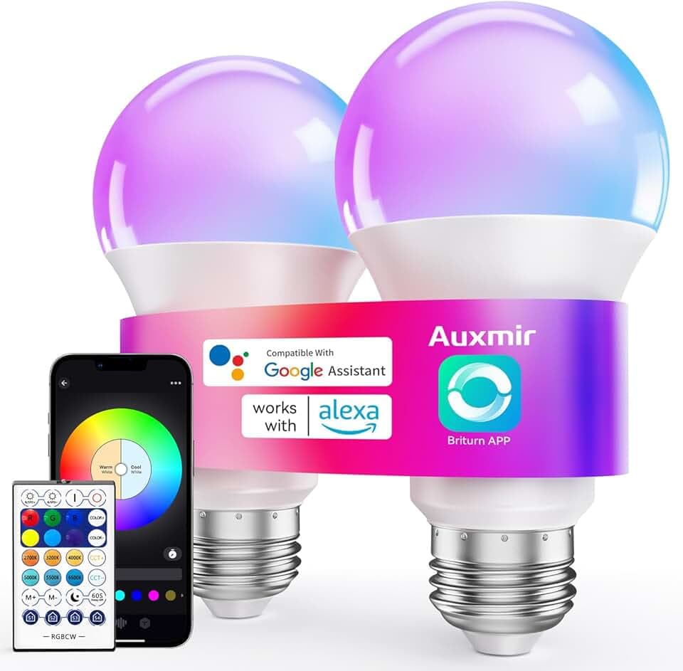 Auxmir Ampoule Connectée WiFi, Ampoule LED Intelligente E27 Multicolore 2700K-6500K 10W 800LM, Compatible Alexa/Google Home, 16 Millions Couleurs Dimmable, Commande Vocale, Economie d’énergie-2pack Global Recycled Standard