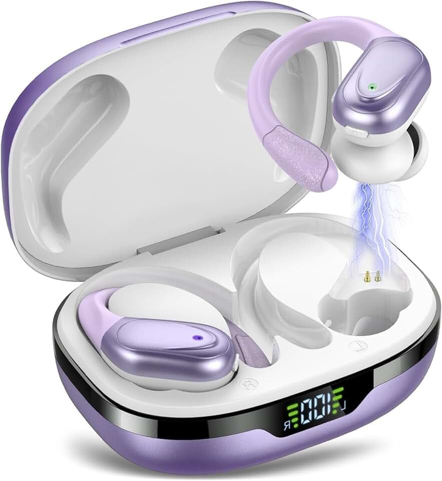 Ecouteurs Bluetooth sans Fil Sport, 60H Casque 5.3 avec CVC8.0 Antibruit, Ecouteurs sans Fil avec 4 ENC Mic, IPX7 Étanche Oreillette Bluetooth, Écouteurs pour Running Blanc Violet