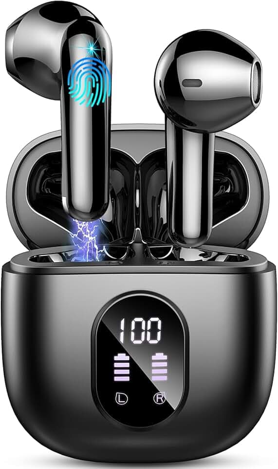 Ecouteurs Bluetooth sans Fil, Écouteurs Bluetooth 5.3 avec HiFi Stéréo Basses Casque, 50H Récréation, 4 ENC Réduction de Bruit Mic, Oreillette Bluetooth Sport IP7 Étanche, Écran LED, pour iOS Android ClimeCo Certified