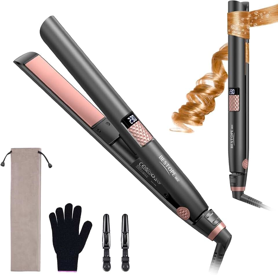 BESTOPE MIX Lisseur Cheveux 15S Chauffage, Lisseur & boucleur, Rose et Noir | Fer a lisser Céramique Écran LCD, 80-230°C, idéal pour cheveux épais, crépus & longs–voyage 110-240V, étui & gant inclus