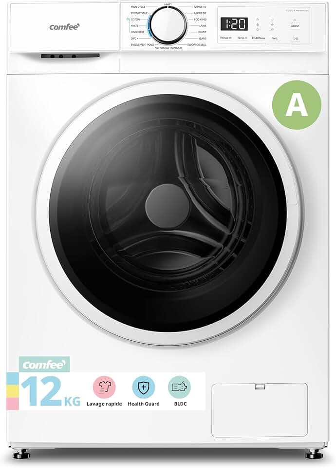 COMFEE' Lave-Linge 12KG Classe A Moteur BLDC 1400RPM Blanc CF12EWA01W | Plus Grande Capacité, Woolmark, Rapide 15'/59', Nettoyage du tambour, Lavage à la vapeur, Lavage à froid Étiquetage Énergétique