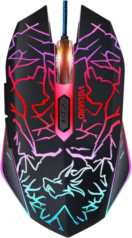 VGUARD Souris, Souris Gamer Filaire Gaming pour Ordinateur, Haute Précision 4 DPI jusqu'à 2400, 6 Boutons programmables, rétroéclairage LED 7 Couleurs no Tapis- Noir (Version améliorée)