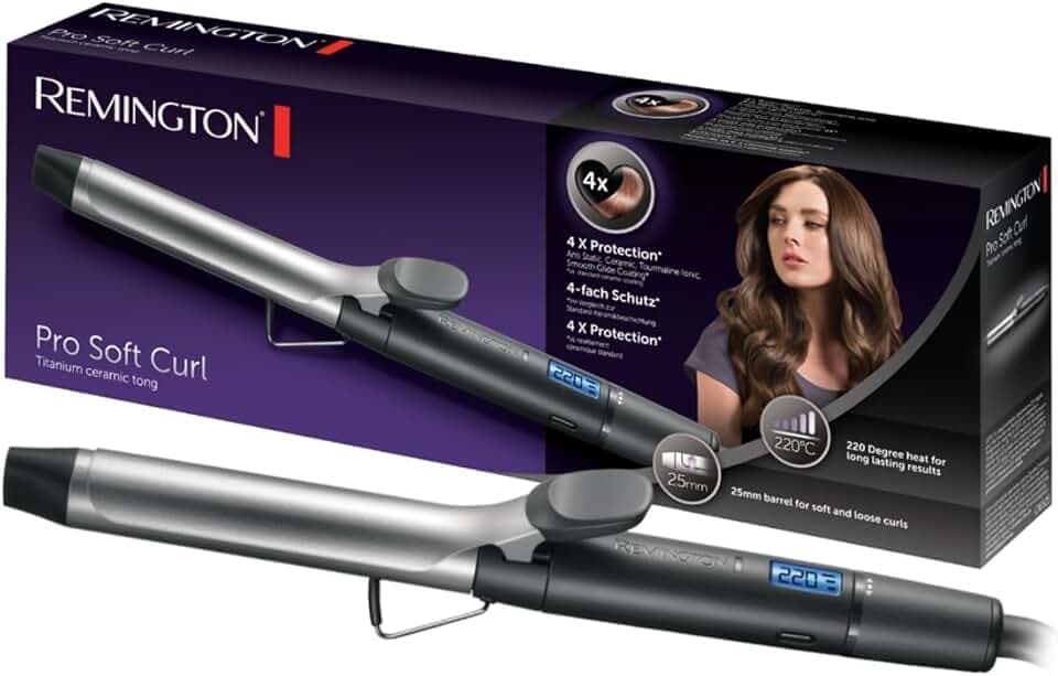 Remington Boucleur à cheveux [25mm: boucles souples] Pro Soft Curl (4X Protection: Céramique,Tourmaline Ionique, Antistatique, Avec pince, Ecran LCD,10 réglages 130-220°C) Fer à boucler CI6525