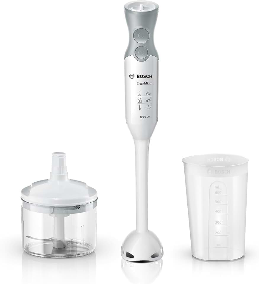 Bosch Mixeur plongeant ErgoMixx, moteur 600 W, 12 vitesses et fonction turbo, hachoir, gobelet doseur, blanc/gris, MSM66020