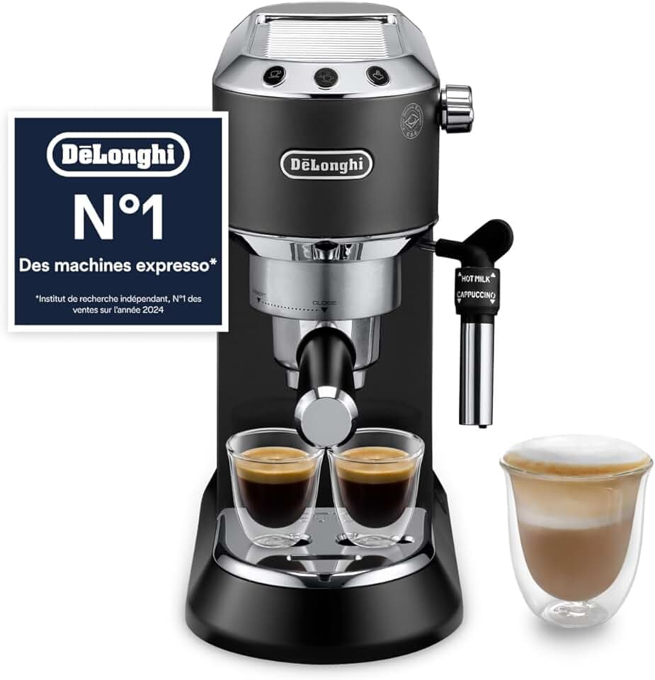 De’Longhi Dedica Style - Perfetto Machine à Expresso Compacte, Mousseur de Lait Manuel pour Expresso et Cappuccino, Compatible Dosettes ESE, Panneau de Commande à Boutons, Largeur 15cm, Noir(EC685.BK)