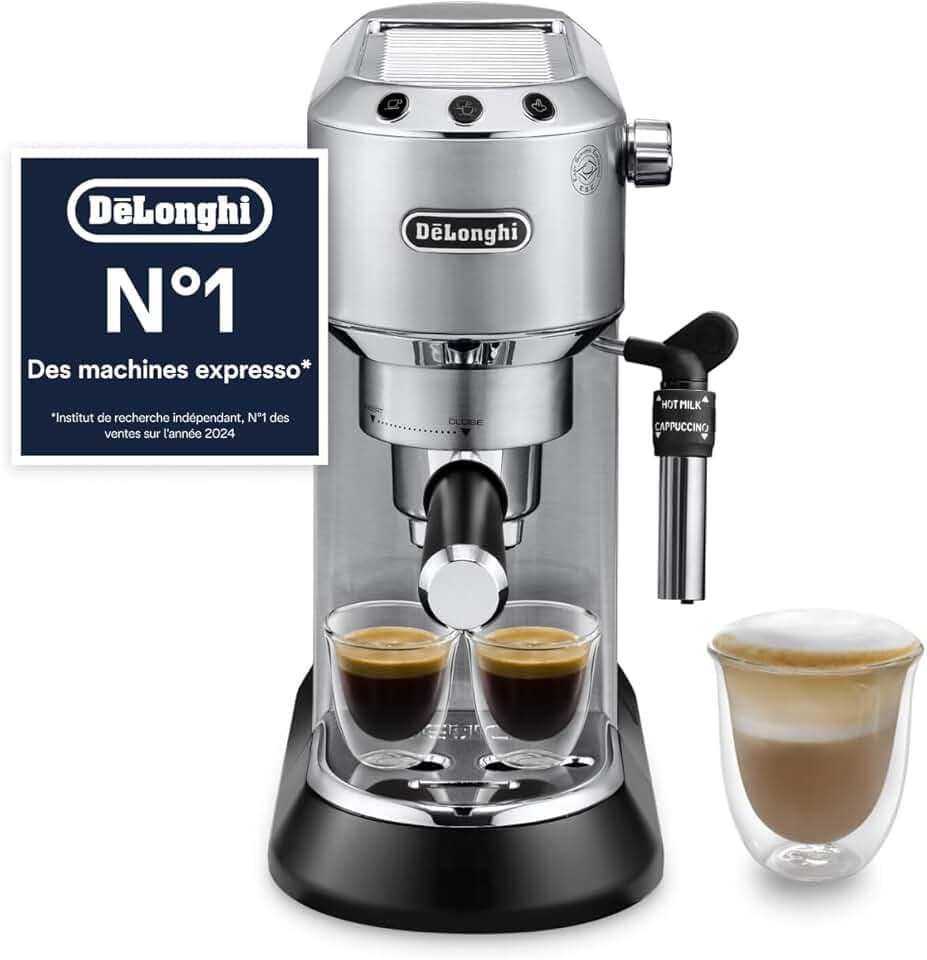 De'Longhi Dedica Style EC685.M, Machine à Expresso avec Buse à Mousse de Lait Professionnelle, Seulement 15 cm de Large, Réservoir de 1 L, Boîtier en Métal, Compatible avec les Dosettes E.S.E, Métal