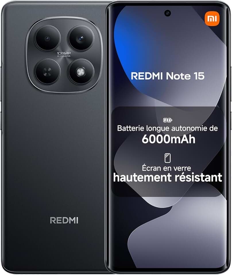 XIAOMI REDMI Note 15, Smartphone 8+256Go, Batterie Longue autonomie 6000mAh, Résistance à l'eau IP64, Appareil Photo Ultra-Net 108 Mpx, Écran FHD+ de 6,77", Noir, Garantie 2 Ans, Chargeur Non Inclus