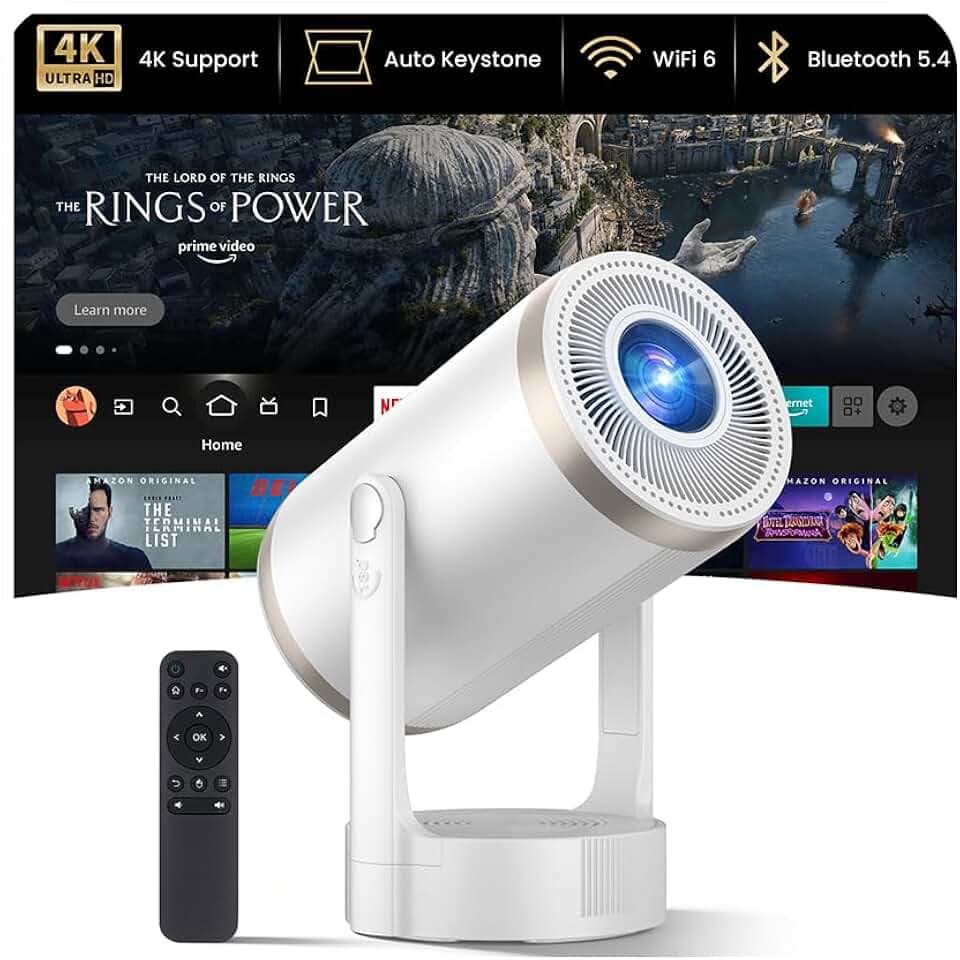 Videoprojecteur 4K 1080p Full HD, 200 ANSI, Projecteur Video Mise au Point | 22,000 Lumens, Wi-Fi 6 Bluetooth 5.4, 3 Ptions de Montage, Rotation à 180°, 30-200 Pouces, Pour le Home Cinéma Vidéo Chambre