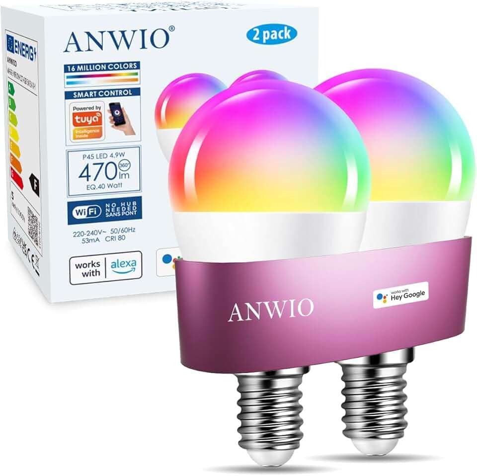 ANWIO Ampoule Connectee Alexa 5W, Ampoule WIFI 470Lm, Ampoule LED E14, Contrôlable via Tuya/Smart Life APP (G45 5W*2)