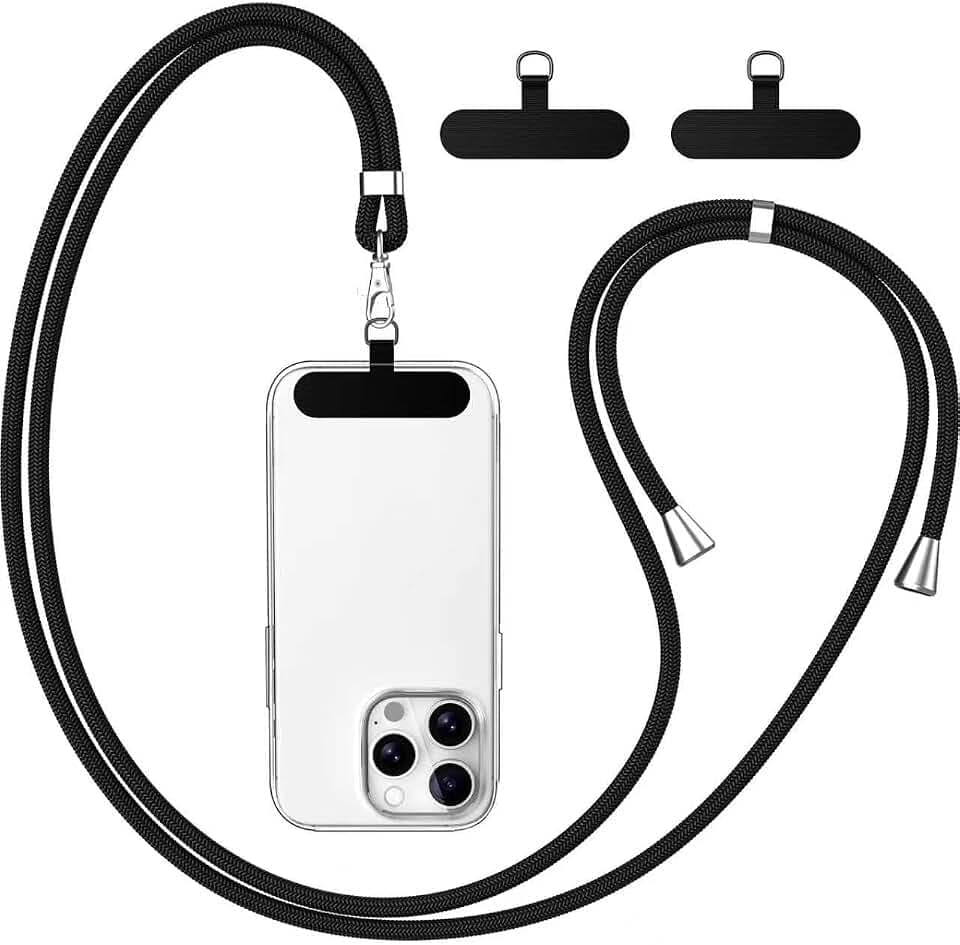 caslord Cordon Telephone Portable avec 2 Patchs Noirs Durables | Compatibles avec Tous Les Smartphones et Plupart des Coques | 1,6m Adjustable | Noir Global Recycled Standard
